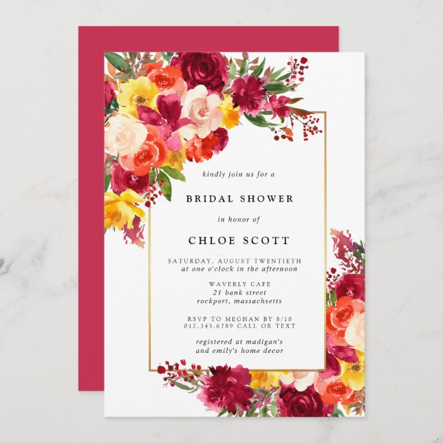 Invitación Naranja rosa de Borgoña Floral Amarilla Ducha nupc (Anverso / Reverso)