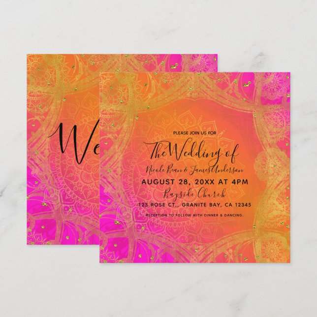 Invitación Naranja rosa de Fuchsia Oro Boda de Mandala india (Anverso / Reverso)