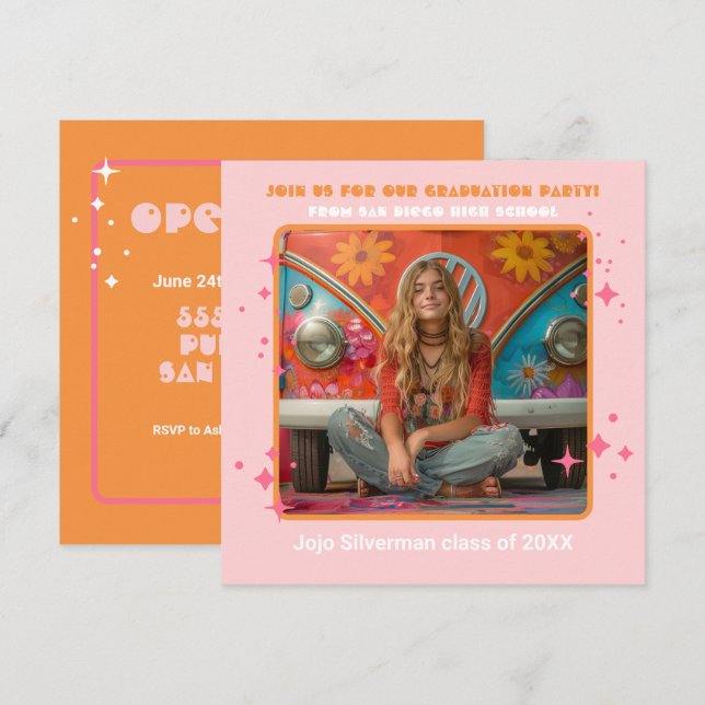 Invitación Naranja Rosa del Partido de Graduación de Foto Hip (Anverso / Reverso)