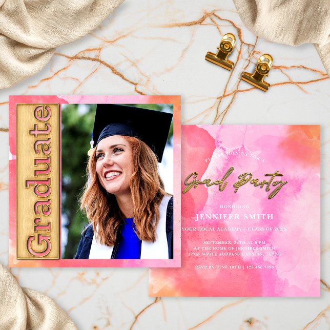 Invitación Naranja Rosa Dorado Fiesta de Graduación de Foto G (Subido por el creador)