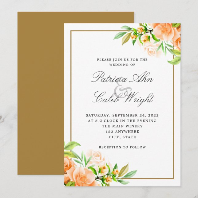 Invitación Naranja rosa dorado moderno Boda floral blanca (Anverso / Reverso)