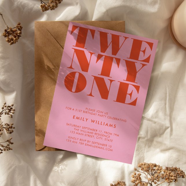 Invitación Naranja rosa elegante moderno audaz cumpleaños 21 (Subido por el creador)