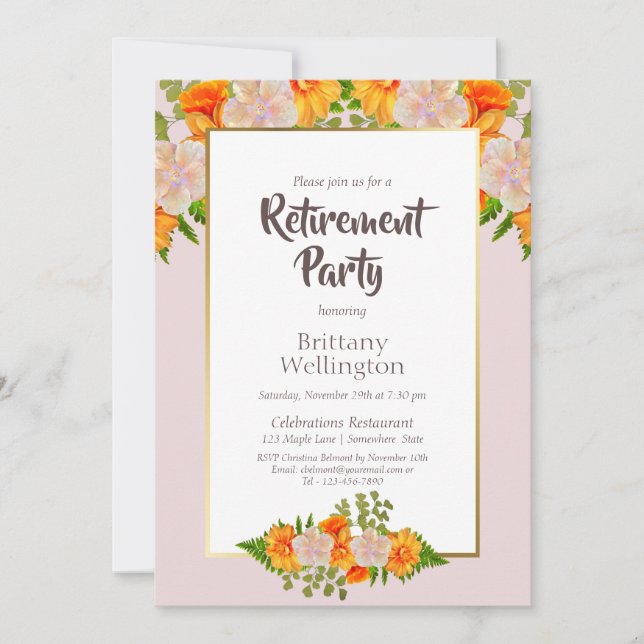 Invitación Naranja rosa Fiesta de Jubilación Floral (Anverso)