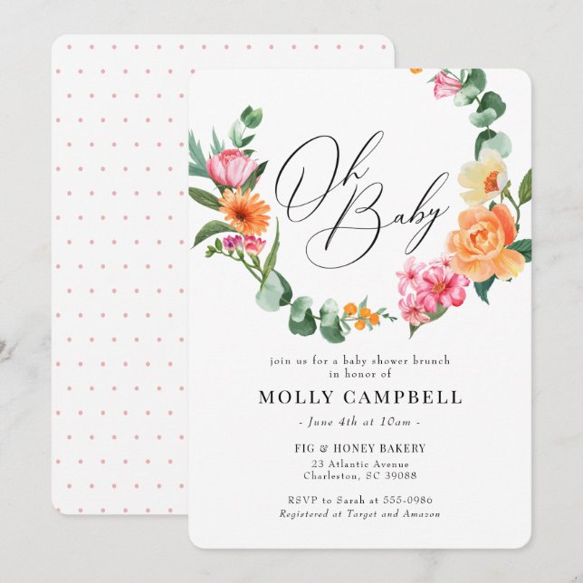 Invitación Naranja rosa Flor tropical Baby Shower (Anverso / Reverso)