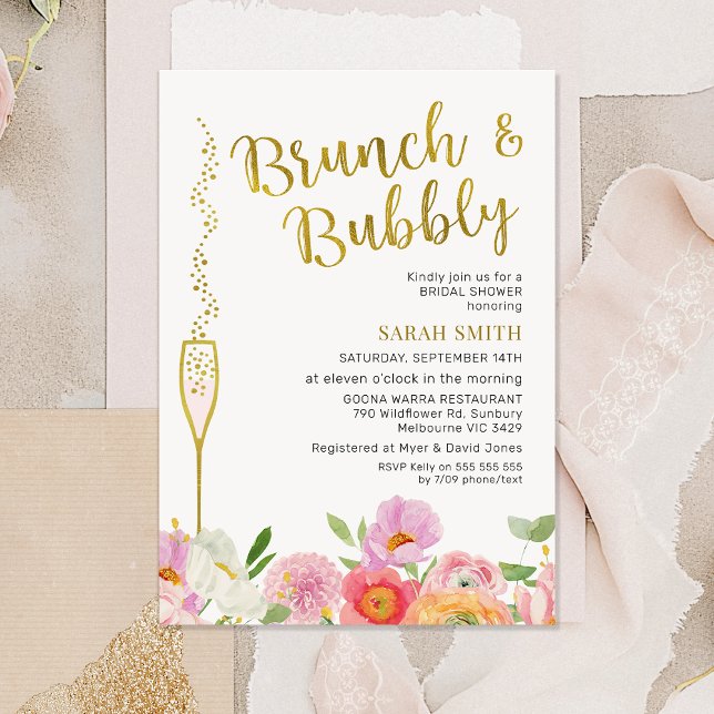 Invitación Naranja rosa floral Brunch Bubbly Bridal Shower (Brunch and Bubbly Bridal Shower Invitation Card, Bright Floral Brunch Bubbly Bridal Shower Invite)