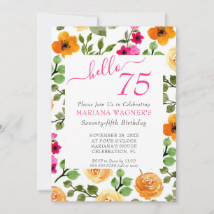 Invitación Naranja rosa Floral Elegante Script 75 cumpleaños