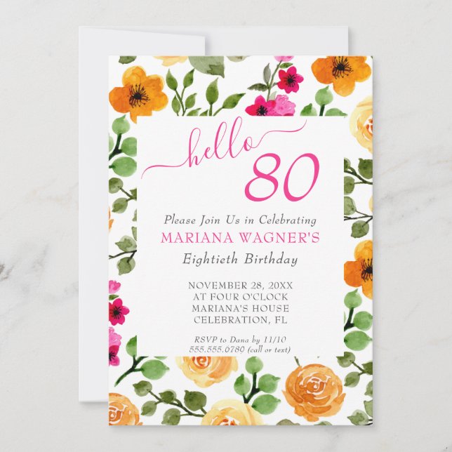 Invitación Naranja rosa Floral Elegante Script 80 cumpleaños (Anverso)