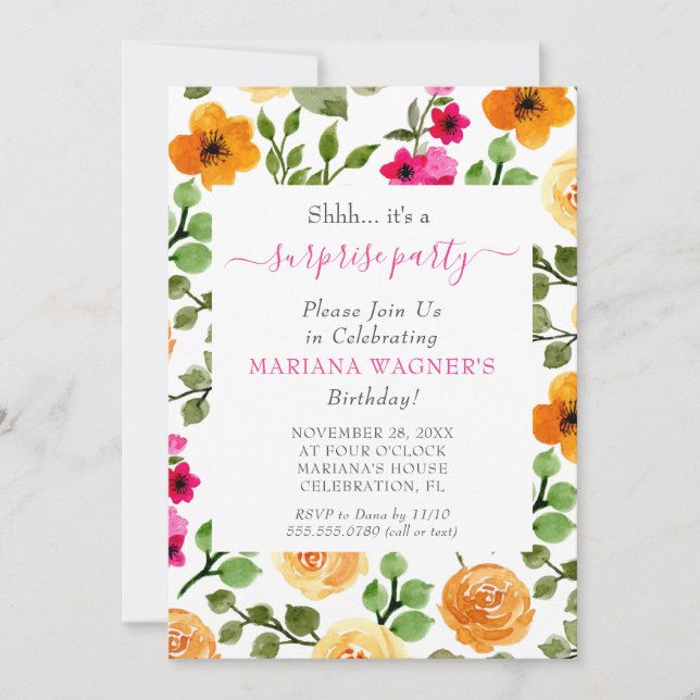 Invitación Naranja Rosa Floral Script Sorpresa Fiesta de cump (Anverso)