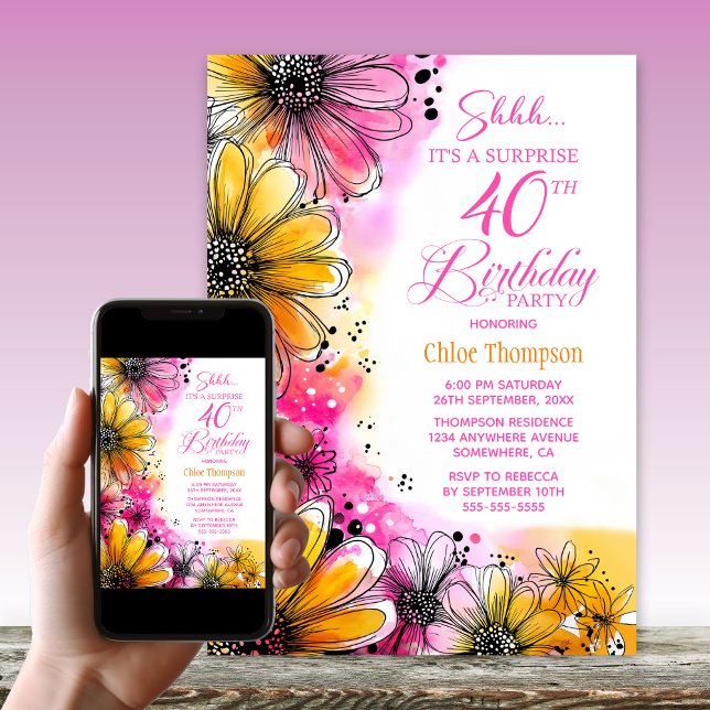 Invitación Naranja Rosa Floral Sorpresa 40 cumpleaños Fiesta (Subido por el creador)