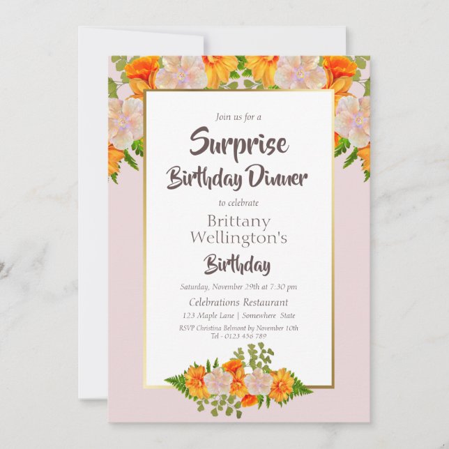 Invitación Naranja Rosa Floral Surprise Fiesta de Cumpleaños (Anverso)