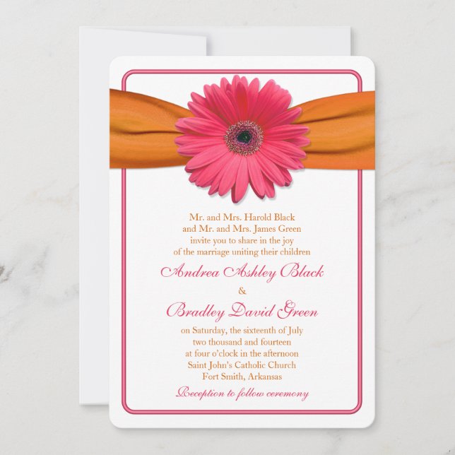 Invitación Naranja Rosa Gerber Daisy Boda Ribbon redondeado (Anverso)