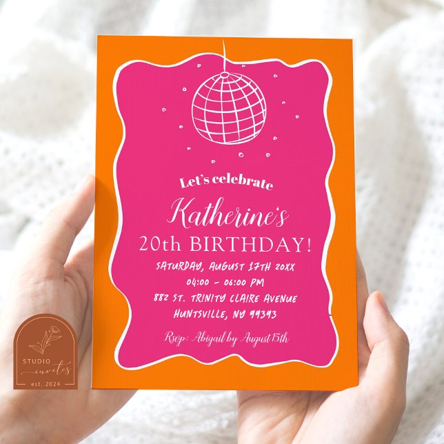 Invitación Naranja Rosa Ilustrado Disco Ball Adulto Cumpleaño (Subido por el creador)