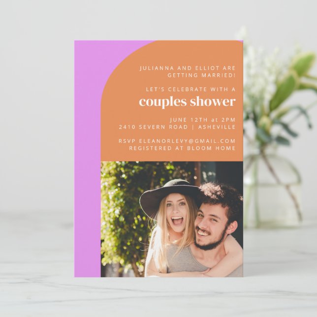 Invitación Naranja rosa lindo Retro Arco Foto Parejas Ducha (Anverso de pie)