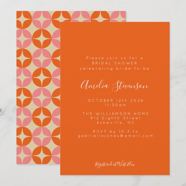 Invitación Naranja rosa Mid Modern Geometric Bridal Shower (Anverso / Reverso)