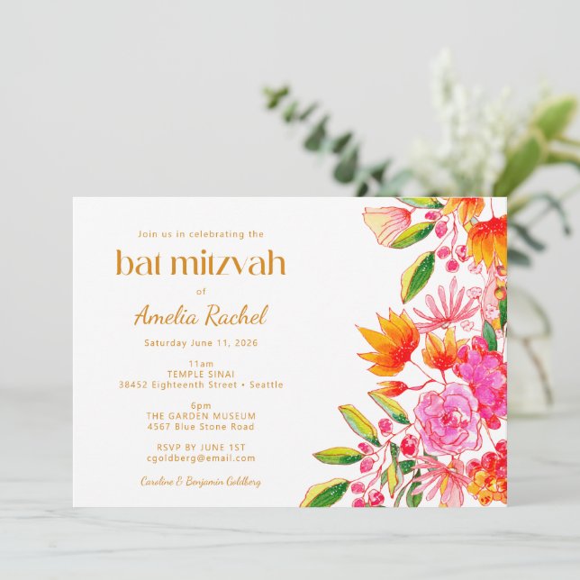 Invitación Naranja rosa moderno acuarela Floral Bat Mitzvah (Anverso de pie)