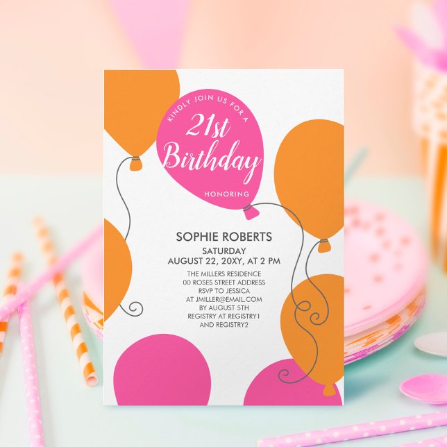Invitación Naranja rosa moderno divertido globos 21º cumpleañ (Subido por el creador)