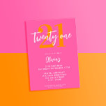 Invitación Naranja rosa moderno elegante cumpleaños 21<br><div class="desc">Una invitación moderna de 21 años con una tipografía caligráfica elegante y un diseño minimalista de color rosa y naranja.</div>
