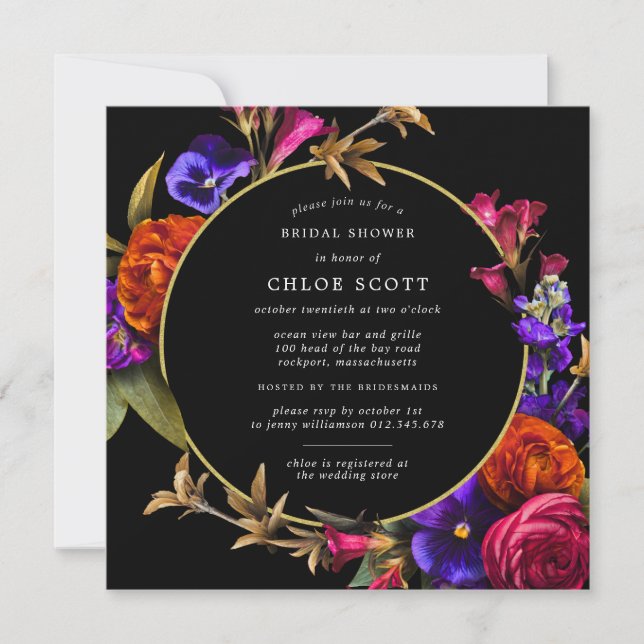 Invitación Naranja rosa morado Floral Bridal Shower (Anverso)