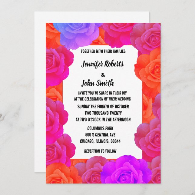 Invitación Naranja rosa Morado Floral Rosa de código QR  Boda (Anverso / Reverso)
