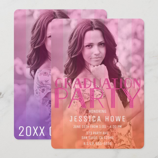 Invitación Naranja Rosa Morado Graduado del Partido Graduado  (Anverso / Reverso)