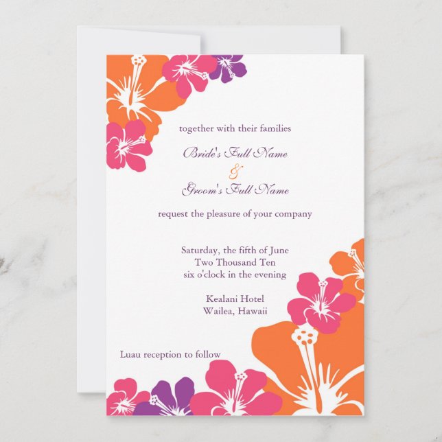 Invitación Naranja rosa morado Hibiscus Boda hawaiano (Anverso)