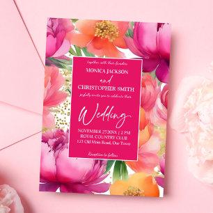 Invitación Naranja rosa oscuro peony elegante todo en un boda