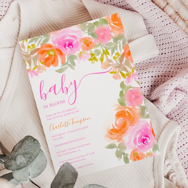 Invitación naranja rosa pastel flor floral ducha bebé (Pretty pastel pink orange bloom floral baby shower invitation)
