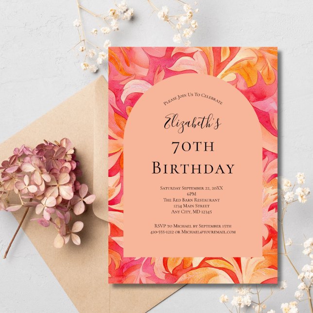 Invitación Naranja Rosa Peach Floral 70º cumpleaños para ella (Pink Orange Peach Art Nouveau Florals 70th or any year, birthday party invitation, Printed or Digita)