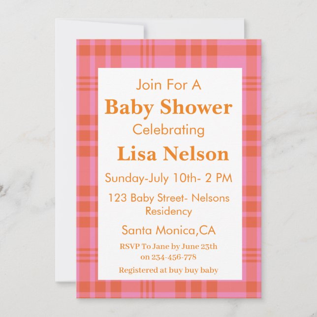 Invitación Naranja rosa Plaid Gingham Checkered Baby Shower (Anverso)