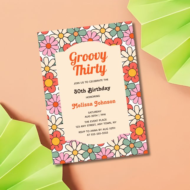 Invitación Naranja Rosa Retro Floral Groovy 30 cumpleaños (Subido por el creador)