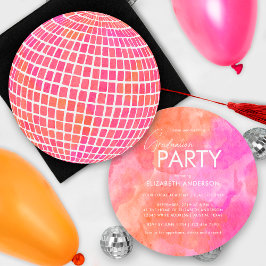 Invitación Naranja Rosa Retro Partida de Graduación Disco Bal