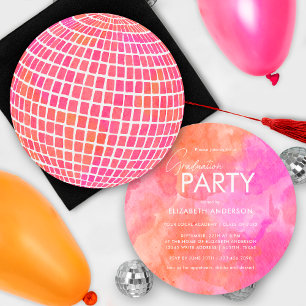 Invitación Naranja Rosa Retro Partida de Graduación Disco Bal