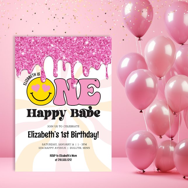 Invitación Naranja Rosa Retro Un Bebé Feliz Cumpleaños 1 (Subido por el creador)