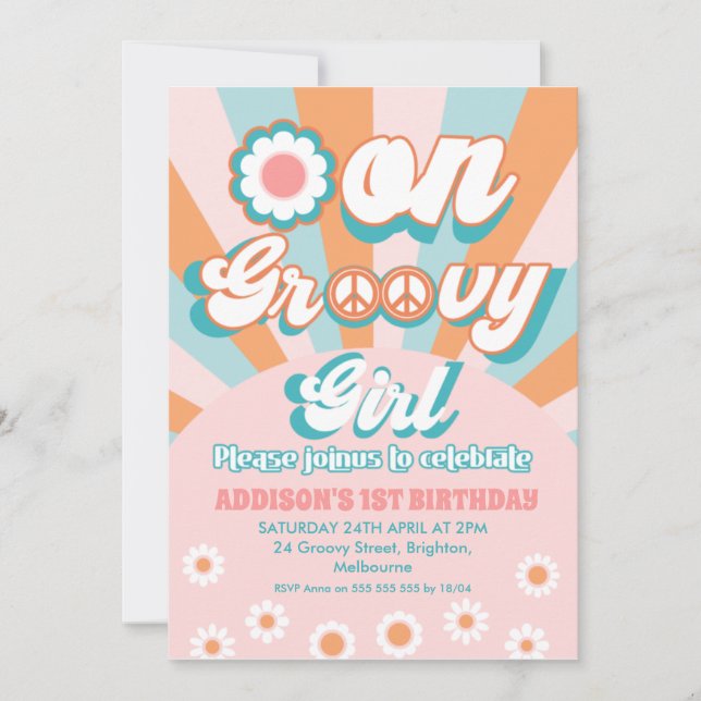 Invitación Naranja Rosa Retro Un Chica Groovy Primer Cumpleañ (Anverso)