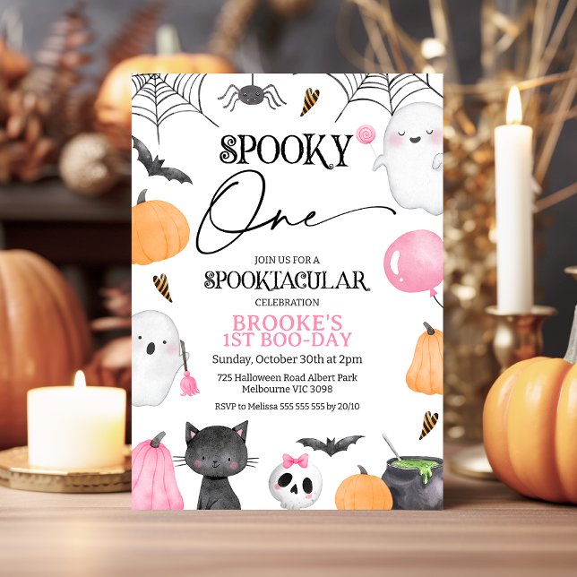 Invitación Naranja rosa se asusta un primer cumpleaños de Hal (Girls Halloween Spooky One 1st Birthday Invitation, Spooktacular Halloween First Birthday Invite,)