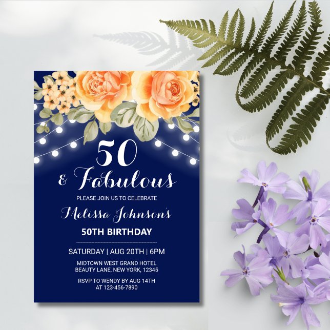Invitación Naranja Rosa String Lights Navy Birthday (Subido por el creador)