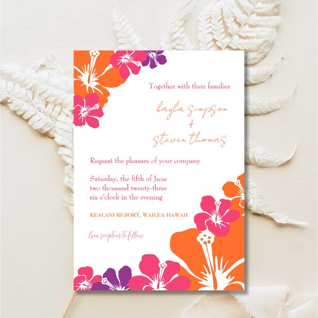 Invitación Naranja rosa tropical Boda de Hibiscus púrpura (Subido por el creador)