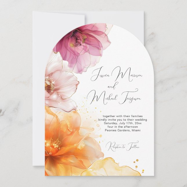 Invitación Naranja rosa vibrante acuarela Boda de arco floral (Anverso)