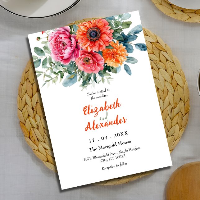 Invitación Naranja rosa vibrante acuarela Boda floral (Subido por el creador)