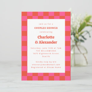 Invitación Naranja Rosado Caliente Retro Cheques Ducha de Par