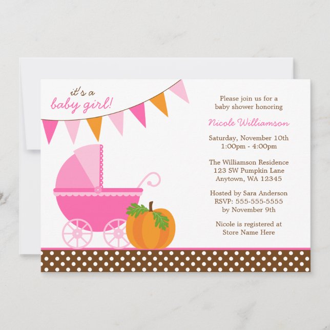 Invitación Naranja rosado de calabaza otoño Chica de banners  (Anverso)
