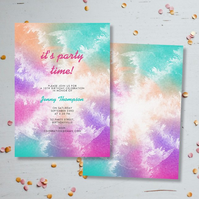 Invitación Naranja rosado del tinte del pasto de la cola de l (Tie Dye Pastel Pink Orange Teal Purple Birthday Invitation)