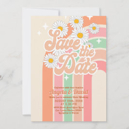 Invitación Naranja rosado retro arcoíris Boda salva la fecha