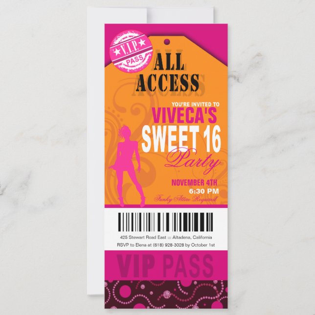 Invitación Naranja, rosado y Fuschia VIP Sweet 16 entradas (Anverso)