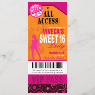 Invitación Naranja, rosado y Fuschia VIP Sweet 16 entradas