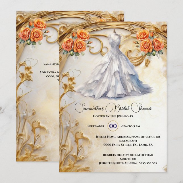Invitación Naranja rosas de traje de novia lujosas flores (Anverso / Reverso)
