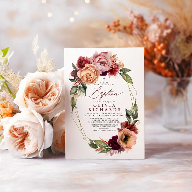 Invitación Naranja Rubor Baptismo de caída de rojo borgoña (Fall Baptism Invitations)