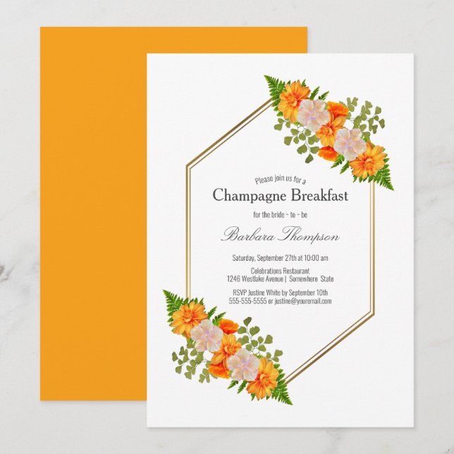 Invitación Naranja Rubor Geométrico Floral Champagne Break (Anverso / Reverso)