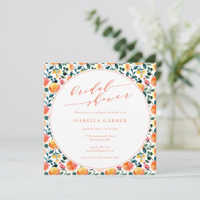 Invitación Naranja ruso acuarela Floral Bridal Shower (Anverso de pie)
