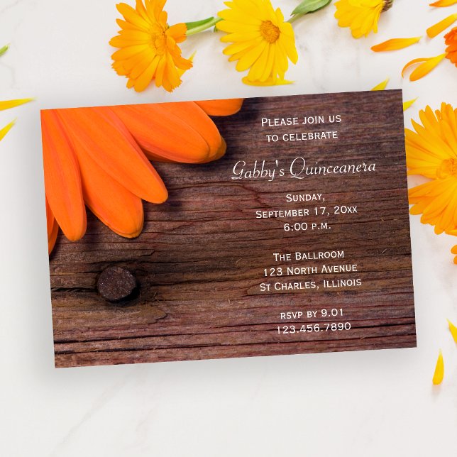Invitación Naranja ruso Barn Wood Daisy Quinceanera Fiesta (Subido por el creador)